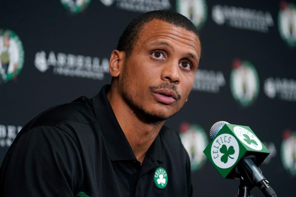 Boston Celtics interim coach Joe Mazzulla faces reporters photo during the NBA basketball team's Media Day, Monday, Sept. 26, 2022, in Canton, Mass. (AP Photo/Steven Senne)