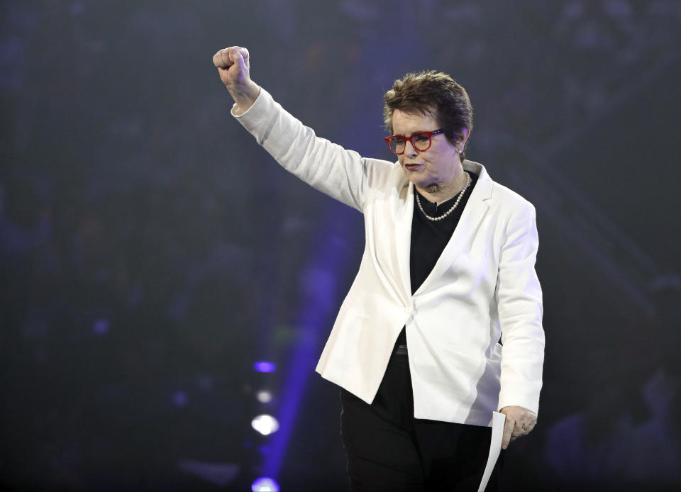 FILE - In this Monday, Aug. 29, 2016 file photo, Billie Jean King speaks during the opening ceremony during the first round of the U.S. Open tennis tournament, in New York. King's plaque is a Pokemon Go stop at the U.S. Open. The picture of King, with her accomplishments listed in bronze, greets visitors in the walkway to the USTA facility in Queens that bears her name. It's been 10 years since the National Tennis Center in Flushing Meadows was renamed in her honor on Aug. 28, 2006. (AP Photo/Darron Cummings, File)