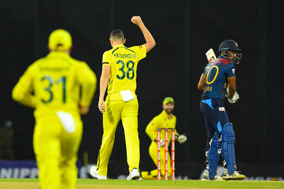 Josh Hazlewood, pictured here celebrating the wicket of Danushka Gunathilaka in the first T20 between Australia and Sri Lanka.