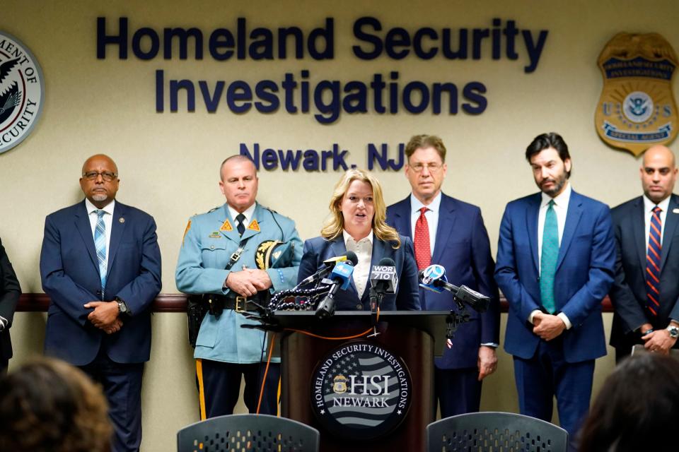 Ali Boak, director of the Global Center on Human Trafficking, speaks during a press conference held to announce the partnership between HSI, the Global Center on Human Trafficking and Montclair State University to combat human trafficking on Wednesday, Jan. 25, 2023, in Newark.