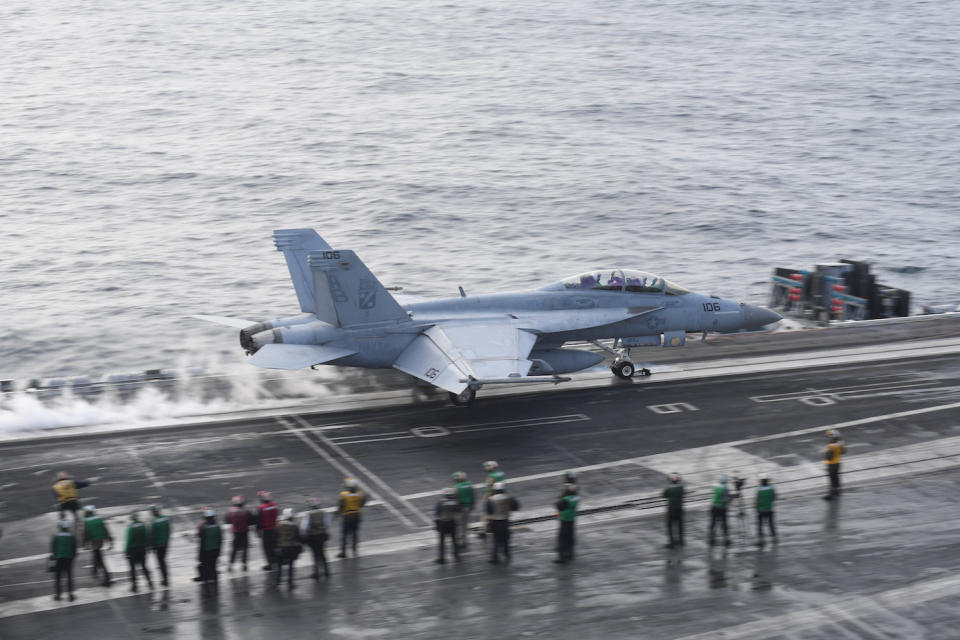 US Navy aircraft carrier Truman F/A-18 Super Hornet take off