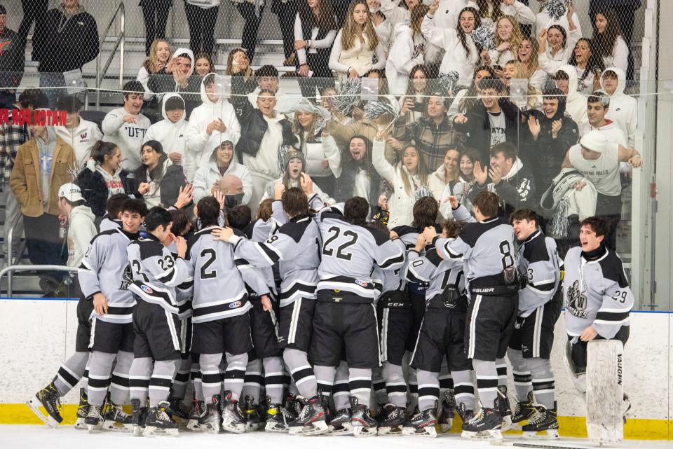 Passaic County ice hockey championship game at the Ice Vault Arena on Thursday, January 20, 2022. Wayne celebrates defeating PCTI.