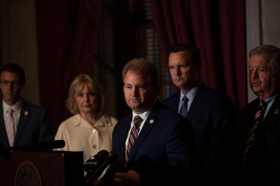 Rep. William Lamberth R- Portland speaks during a press conference following the last day of session at Tennessee State Capitol Building  in Nashville, Tenn., Friday, April 21, 2023. 