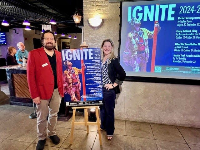 The Hippodrome Theatre Managing Director Trevor Wise, left, and Artistic Director Stephanie Lynge, right, unveil the Hippodrome’s upcoming 2024-25 season lineup. This will be the Hippodrome’s 52nd season.
(Credit: Photo provided by The Hippodrome Theatre)