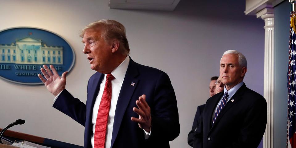 President Donald Trump speaks about the coronavirus in the James Brady Briefing Room, Wednesday, March 25, 2020, in Washington as Vice President Mike Pence and Treasury Secretary Steven Mnuchin listen. (AP Photo/Alex Brandon)