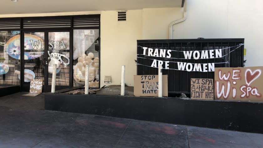 Sign outside the Wi Spa in Koreatown, Saturday, July 3, 2021.