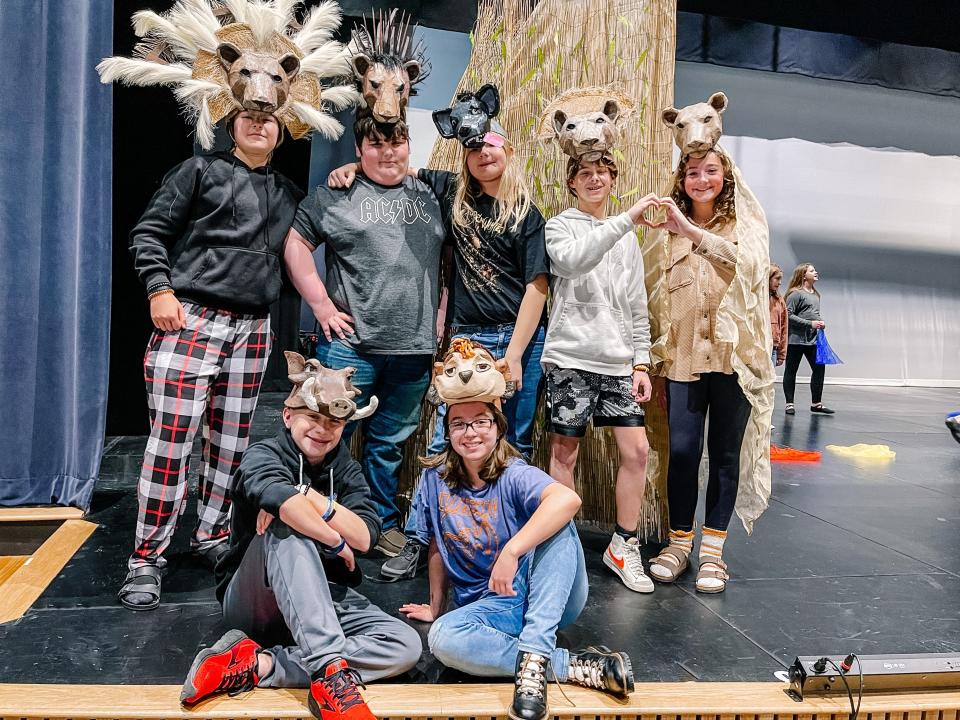 Gibbs Middle School actors in Disney’s “The Lion King Jr.” pose in their characters’ masks. Back row, from left: Keean Norman, Bradley Abraham, Levi Dunlap, Logan West, Sophie Carter; front row: Jackson Weaver, Ellie Burnette Feb. 7, 2023