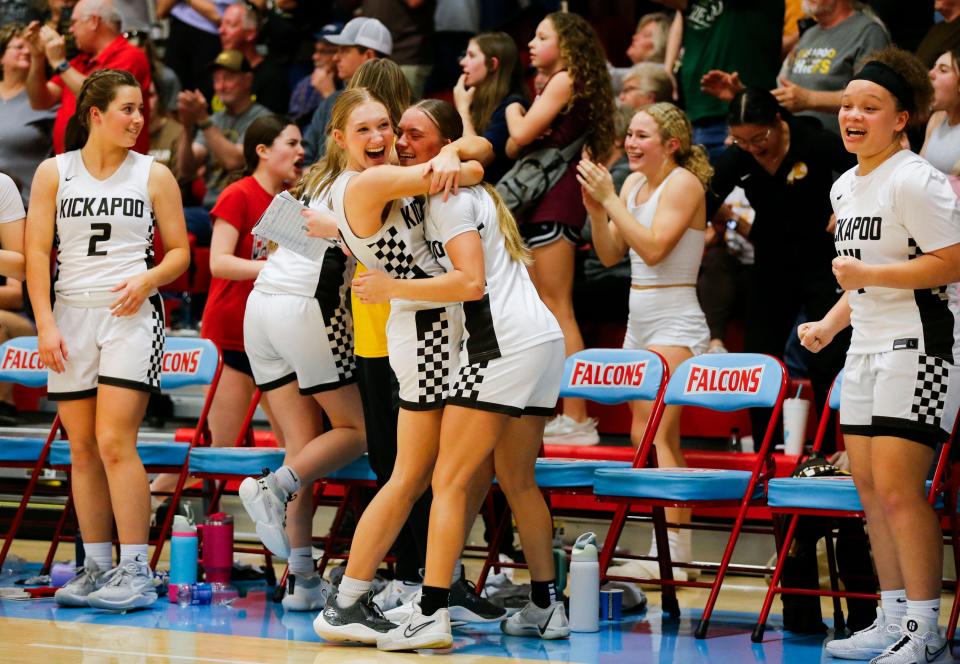 The Kickapoo Lady Chiefs bench celebrates as the Chiefs hold a 2-point lead with 2 seconds left on the Republic Tigers in the Class 6 District 5 championship game at Glendale High School on Monday, March 4, 2024.