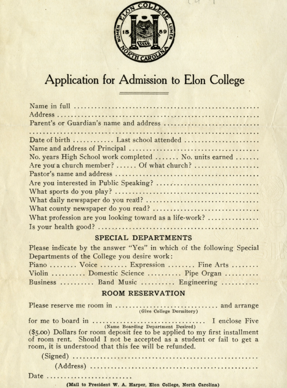 Elon College application form with fields for personal details, church membership, newspaper preferences, health, special departments, and room reservation requests