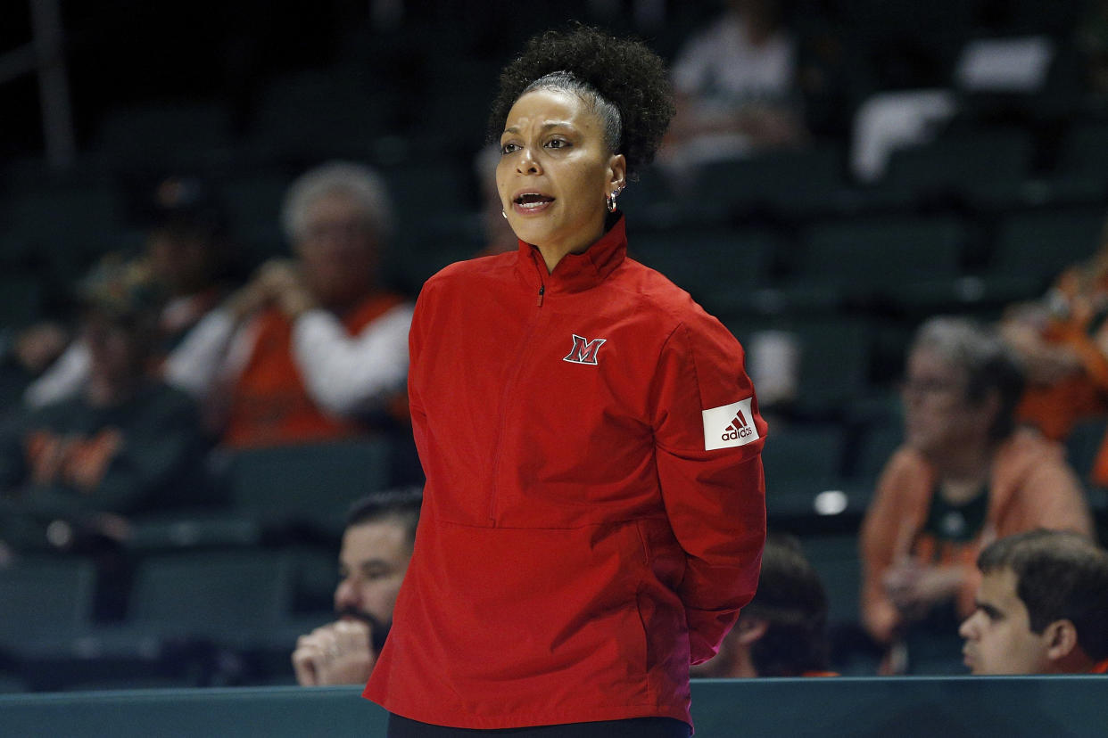 Miami Redhawks head coach Deunna Hendrix during an NCAA women&#39;s basketball game on Saturday, Nov. 30, 2019, in Miami. (AP Photo/Michael Reaves)