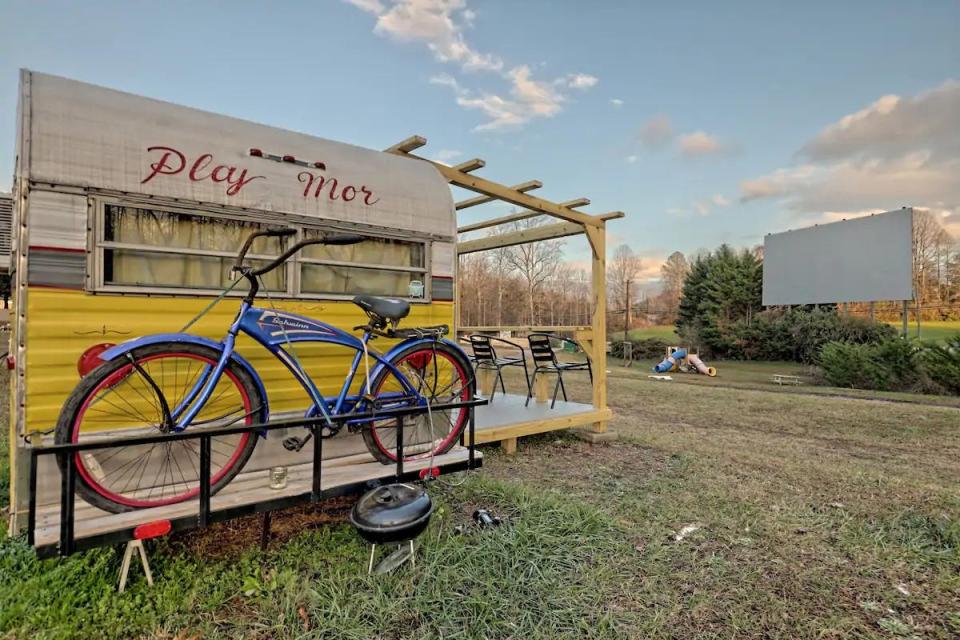 This photo from Rabun County, Ga.'s Tiger Drive-In theater website shows Tweety Bird, one of three renovated 1960s campers available through AirBnB that overlook the theater screen.