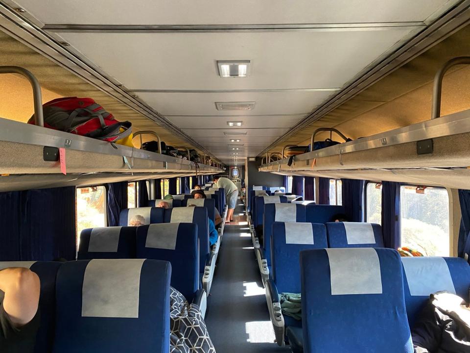 interior shot of coach section of an amtrak train
