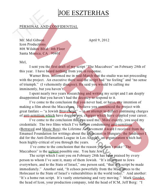 Joe Eszterhas' Letter to Mel Gibson