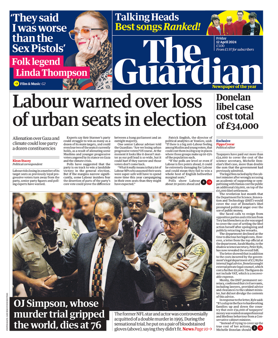 The headline in the Guardian reads: "Labour warned over loss of urban seats in election".