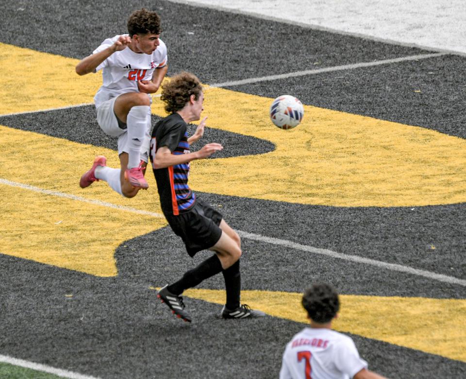 Riverside High senior Keagan Pace (20) scores against James Island High during the first half of the 2023 Class AAAA Boys Soccer State championship game at Irmo High School in Columbia, S.C. Friday, May 12, 2023.