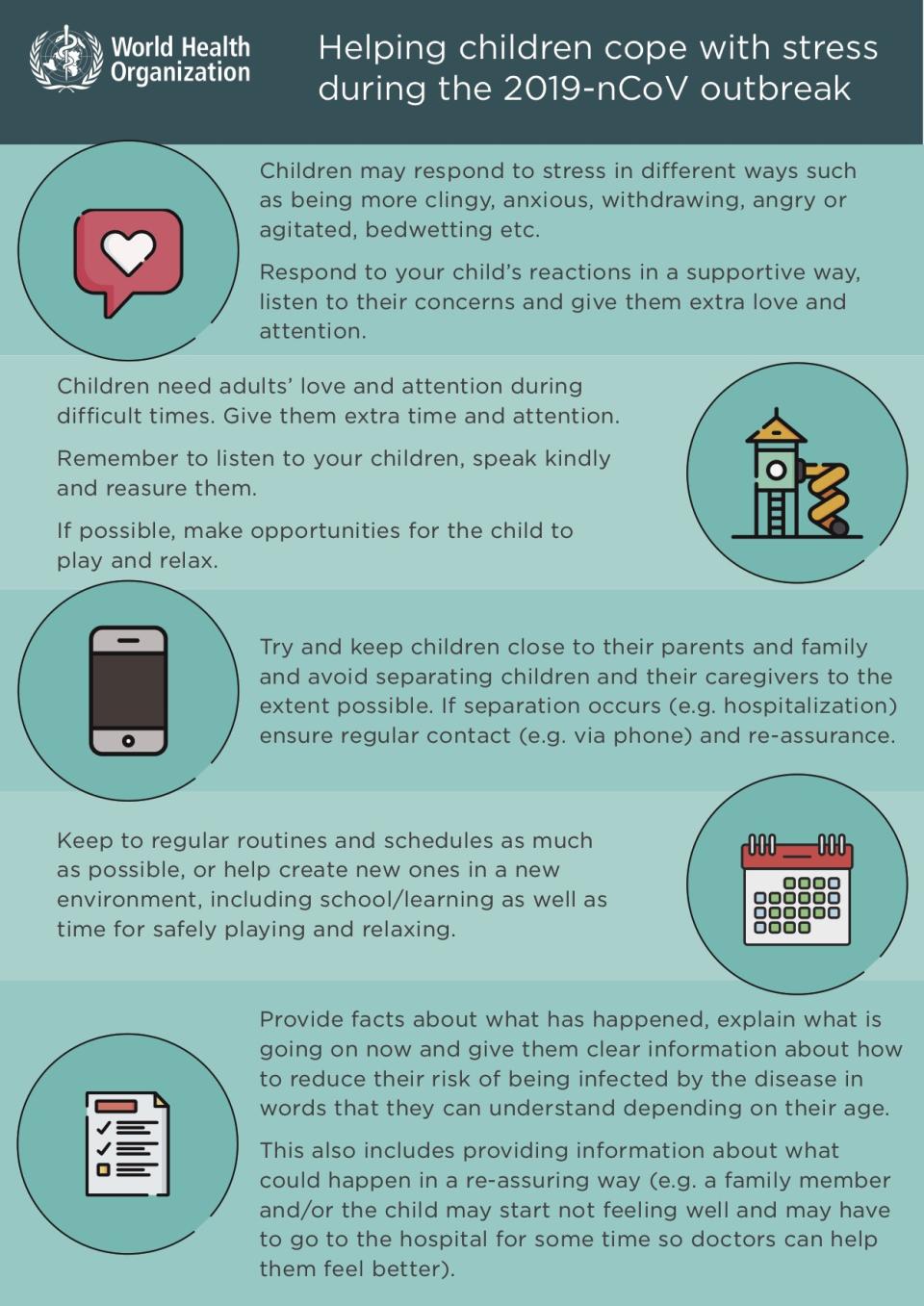 The World Health Organisation has provided this fact sheet for children anxious about the outbreak. Photo: World Health Organisation