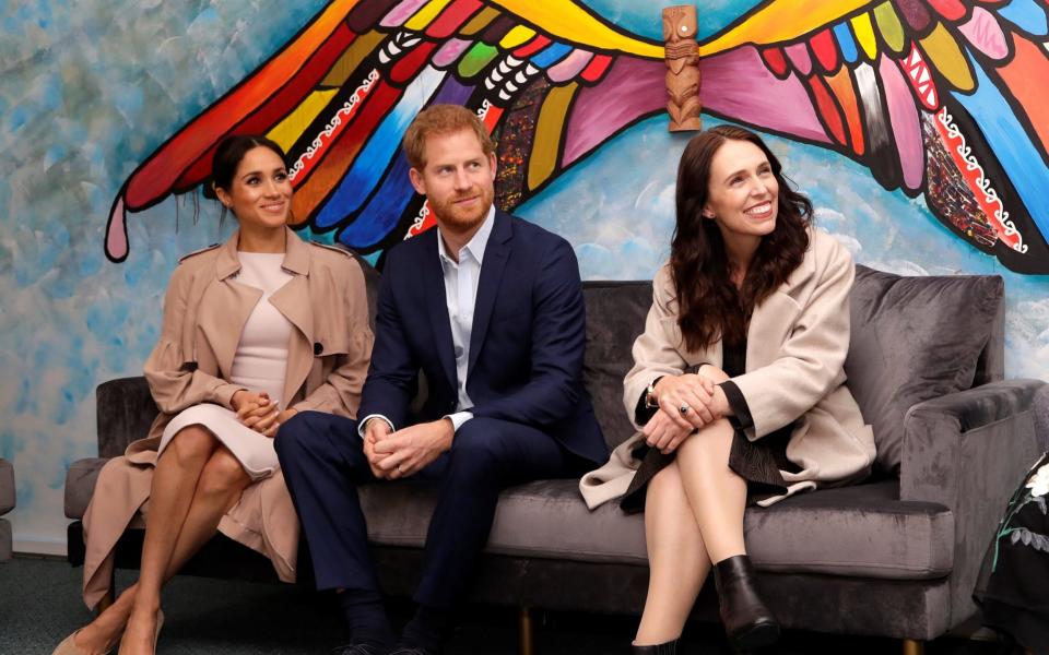 Britain's Prince Harry and Meghan, Duchess of Sussex and New Zealand Prime Minister Jacinda Ardern  - Kirsty Wigglesworth/Pool via Reuters