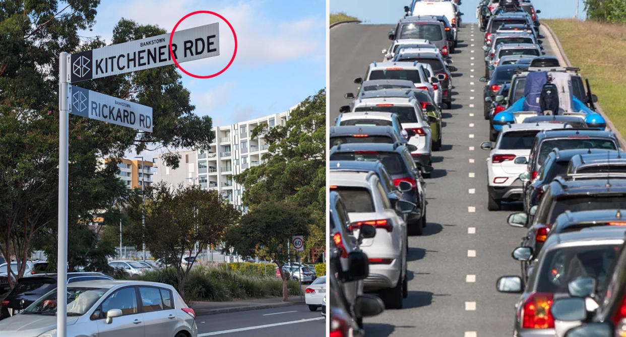 Left: Banskstown street sign for Kitchener Parade. Right: Cars in traffic on busy road. 