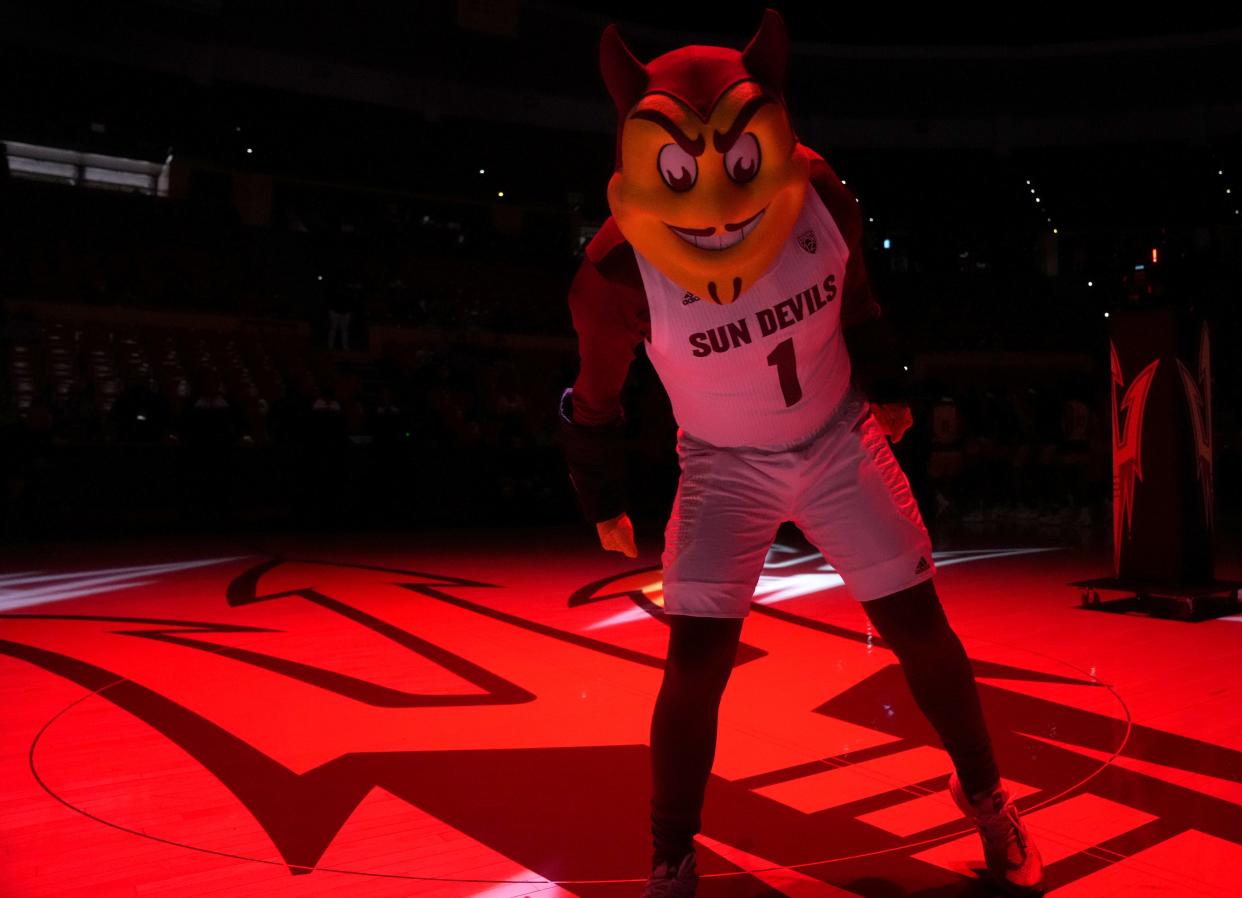 Nov 11, 2022; Tempe, Arizona, USA; ASU Sun Devils mascot Sparky performs before they take on the Grambling State Tigers at Desert Financial Arena. Mandatory Credit: Joe Rondone-Arizona Republic