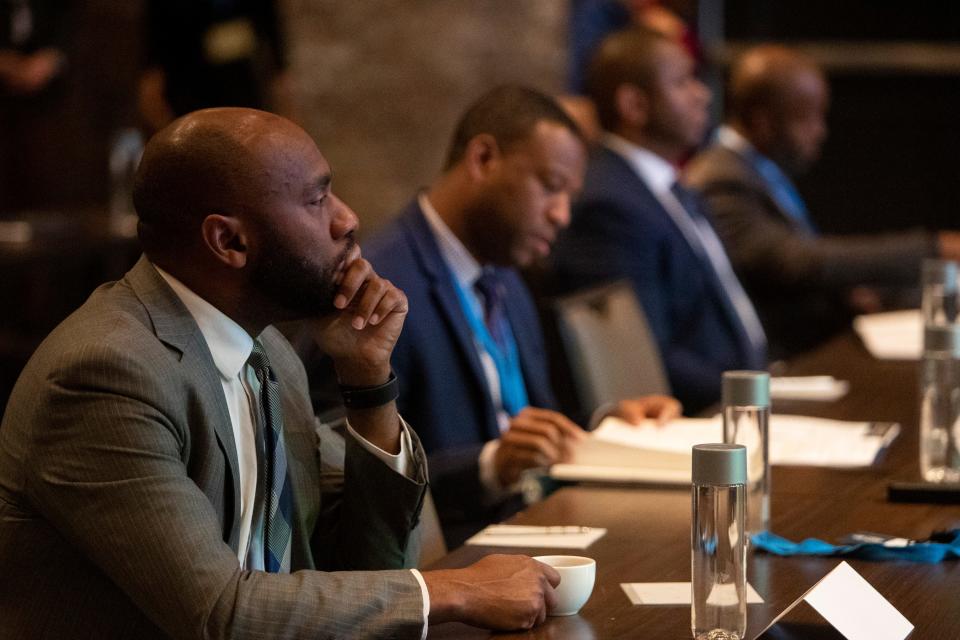 Shelby County Mayor Lee Harris and other attendees listen to a speaker during the Black Mayors’ Coalition on Crime forum in Memphis, Tenn., on Thursday, March 28, 2024.
