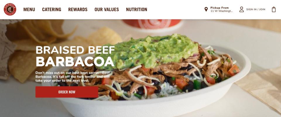 The homepage of Chipotle's website, showing a promotion of its beef barbacoa.