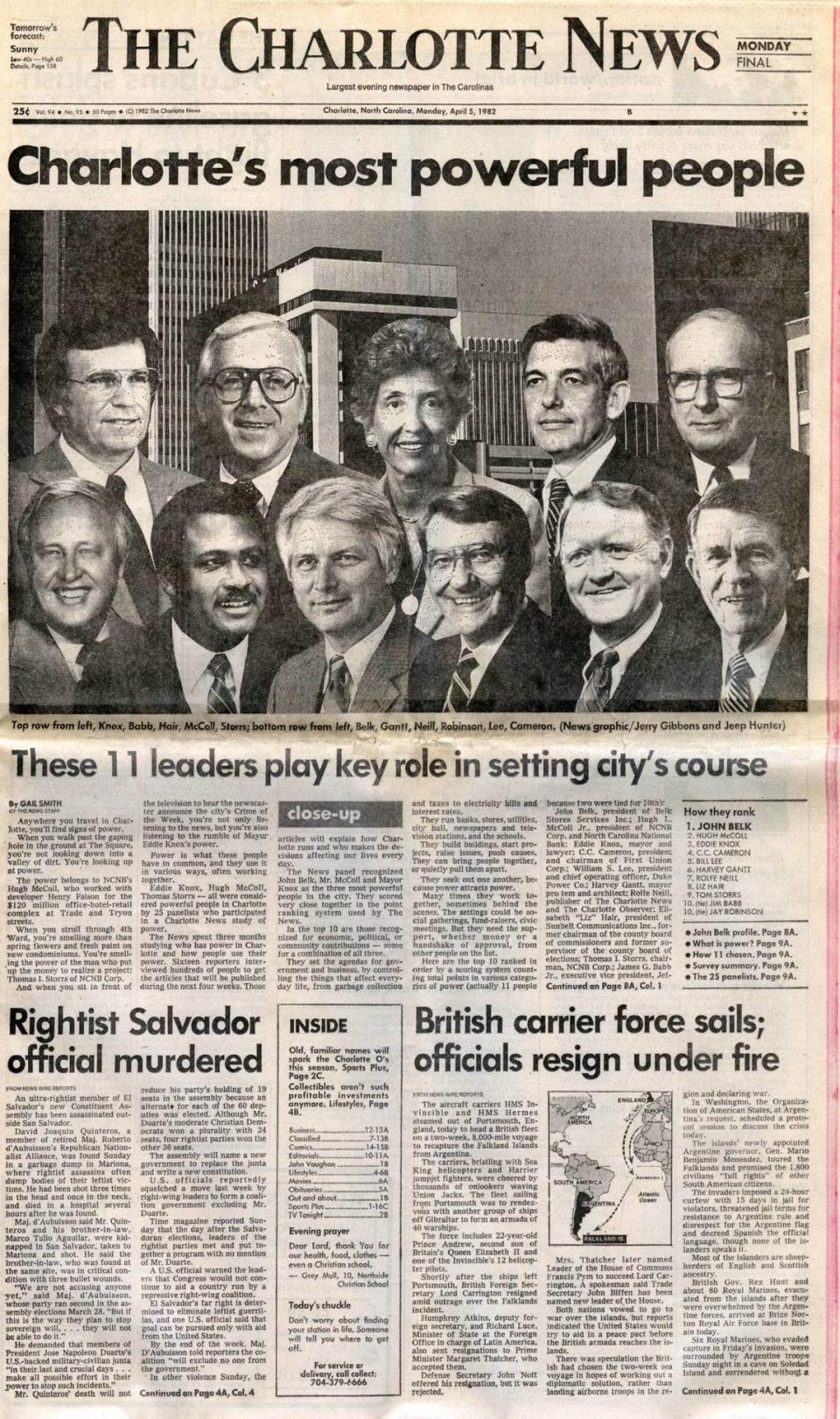 In 1982, Charlotte’s leaders were mostly business people. In this April 5, 1982, picture are: top, from left: Eddie Knox, Jim Babb, Liz Hair, Hugh McColl, Tom Storrs. Bottom row: John Belk, Harvey Gantt, Rolfe Neill, Jay Robinson, Bill Lee, C.C. Cameron. COPY