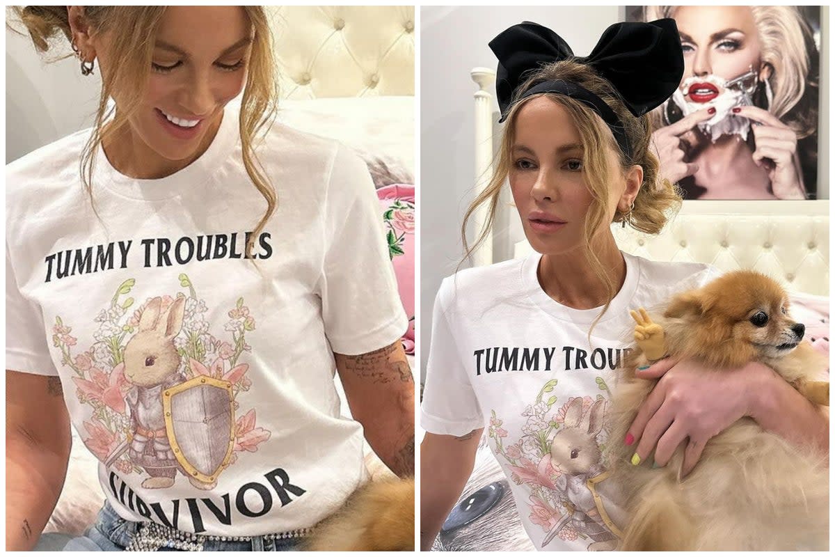 Kate Beckinsale wore a t-shirt reading ‘tummy troubles survivor’ (Instagram @katebeckinsale)