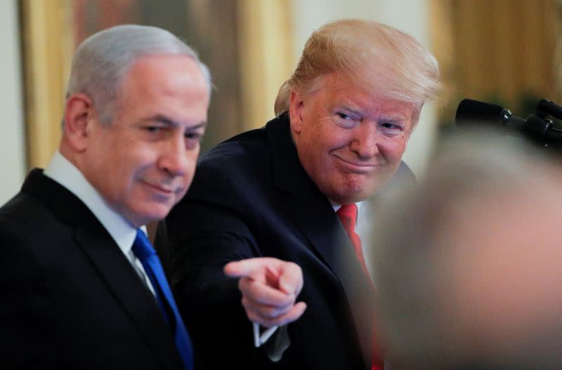 U.S. President Trump and Israel's Prime Minister Netanyahu discuss Middle East peace proposal at White House in Washington