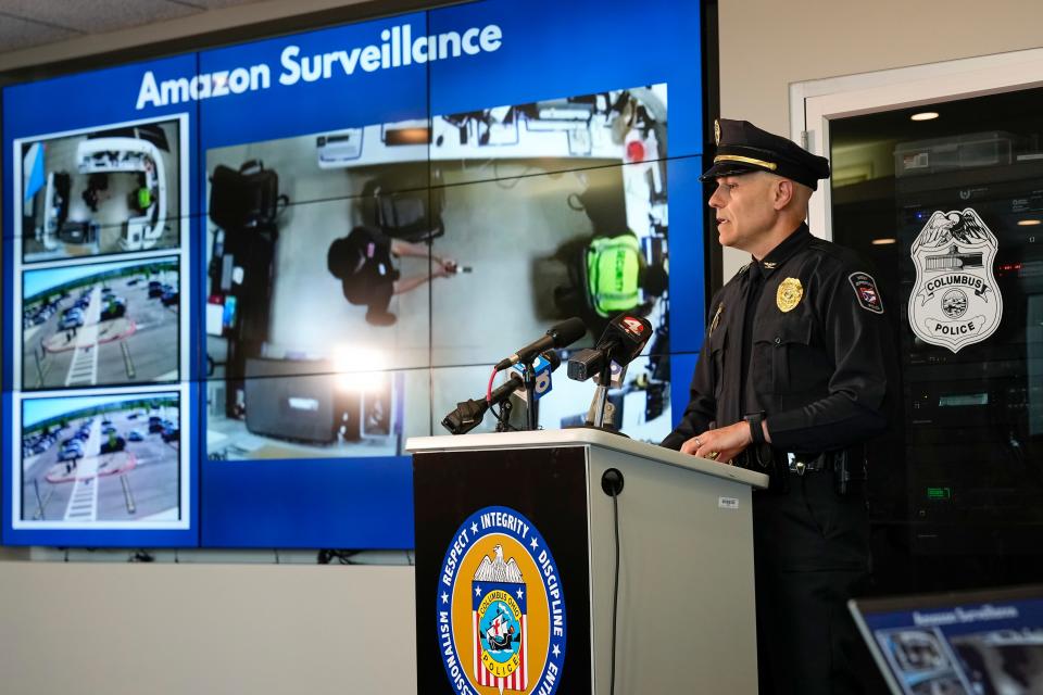 West Jefferson police Chief Brandon Smith answers questions about a shooting incident Sunday afternoon at the Amazon warehouse in his Madison County community during a media briefing Monday afternoon at Columbus police headquarters about two separate police-involved shootings over the weekend in which suspects were killed. In the Amazon incident, Ali Hamsa Yusuf, 22, identified as a contracted security guard at the warehouse, fired shots at his supervisor and missed. He fled the scene and was later fatally shot by law enforcement after shooting a Columbus police officer during a stop attempt at Georgesville and Clime North roads.