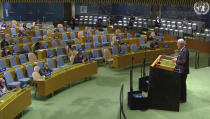 In this frame grab made from UNTV, U.N. General Assembly President Volkan Bozkir closes the High-Level Meeting on the 25th Anniversary of the Fourth World Conference on Women, Thursday, Oct. 1, 2020, at UN headquarters. (UNTV Via AP )