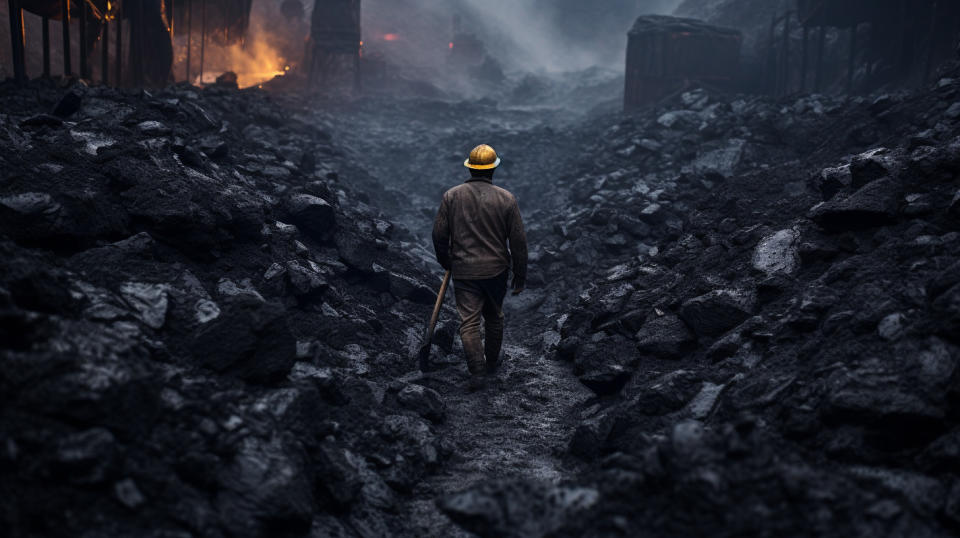 A coal miner surrounded by piles of bentonite and Leonardite in a mine.