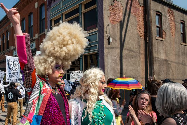 <p>William Campbell/Getty </p> White nationalist groups protest a Drag Story Hour event in Montana