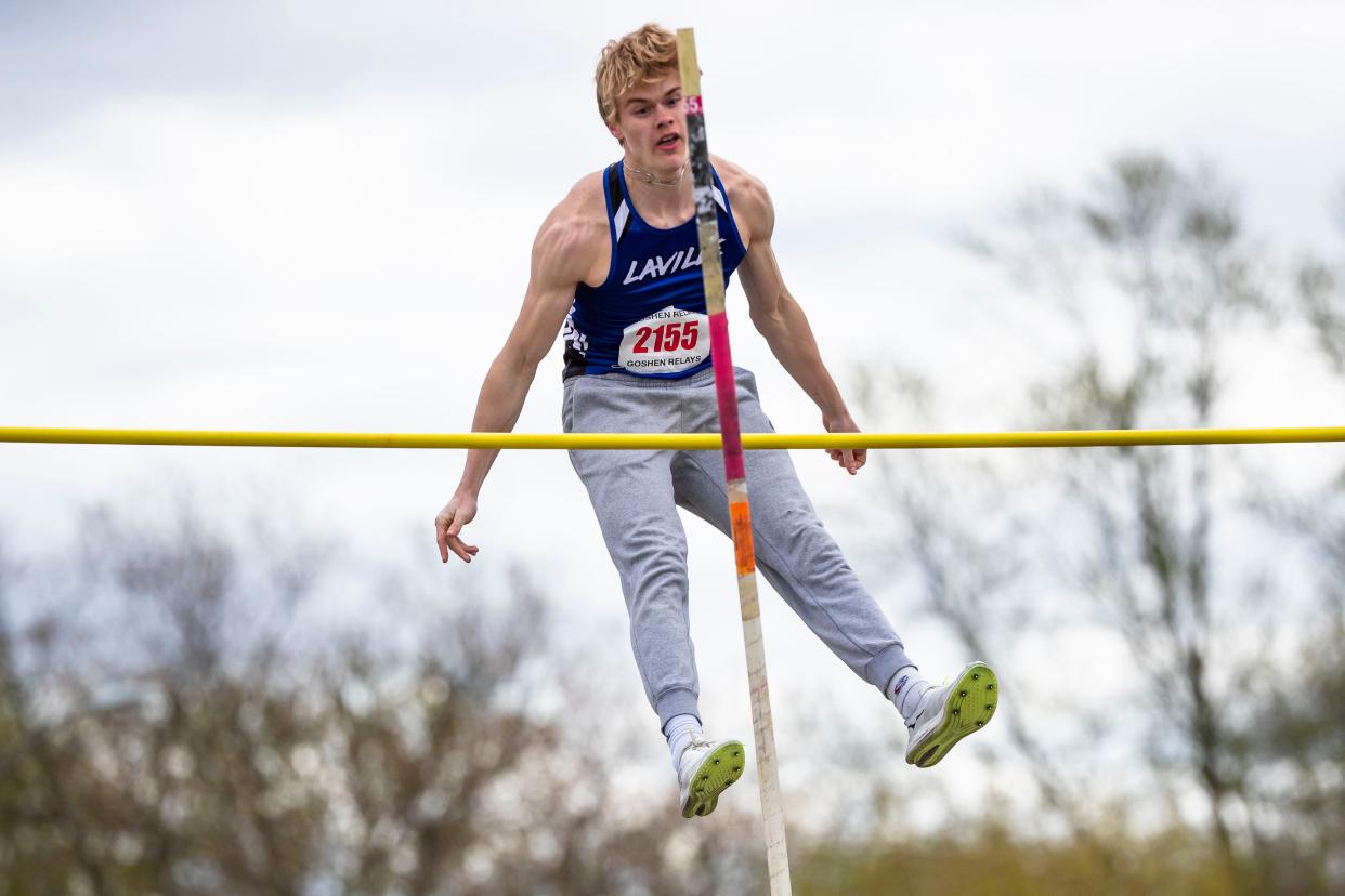 LaVille’s Lincoln Hulsey competes in the pole-vault event of the Goshen Relays Saturday, April 20, 2024 at Goshen High School.