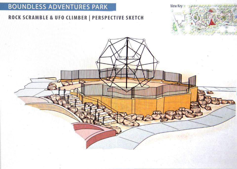 This sketch of a rock scramble and UFO climber was presented to members of the Farmington City Council in September 2024 when they looked over construction documents for the planned Boundless Journey Adventure Park.