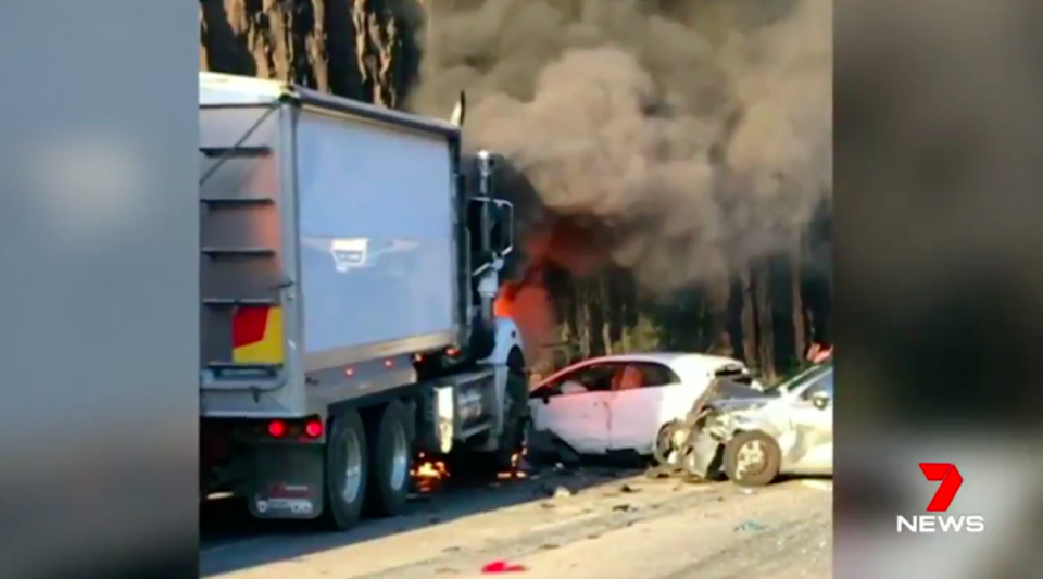 The collision between a truck and several cars happened about 5pm on Tuesday at Mooney Mooney Creek. Source: 7 News