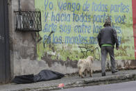 A man and his dog walk past a body bag that contains the remains of a man infected with the new coronavirus who collapsed on the street and died, according to Police Captain Diego Lopez, in Quito, Ecuador, Tuesday, May 5, 2020. The disease took longer to reach the poorer metropolitan areas, but now infections are surging in those heavily congested neighborhoods. (AP Photo/Dolores Ochoa)