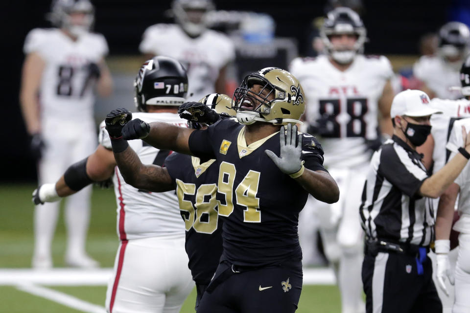 New Orleans Saints defensive end Cameron Jordan (94) celebrates his sack in the first half of an NFL football game against the Atlanta Falcons in New Orleans, Sunday, Nov. 22, 2020. (AP Photo/Brett Duke)