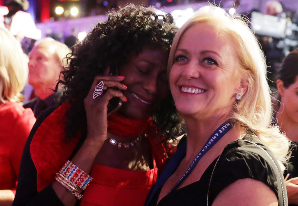 Supporters of Republican presidential nominee Donald Trump watch early results during the election night event at the New York Hilton Midtown in New York, on Nov. 8.&nbsp;