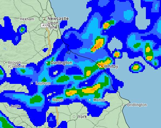York Press: Met Office weather map showing heavy rain across the Yorkshire coast and further inland at 5.30pm today - although York has so far escaped the worst of the weather