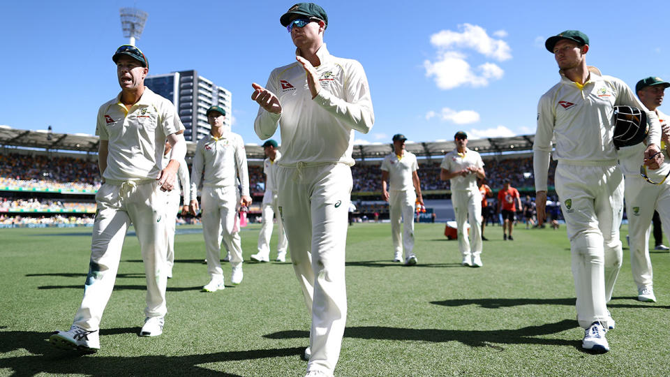 David Warner, Steve Smith and Cameron Bancroft. (Photo by Ryan Pierse/Getty Images)