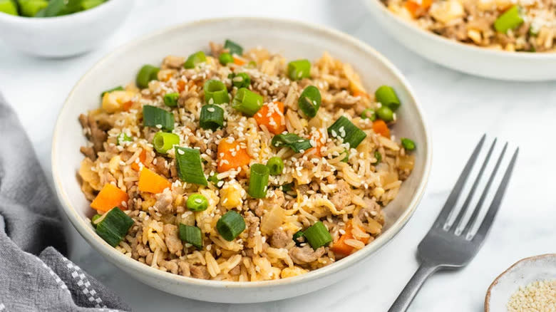 Pork fried rice in bowl