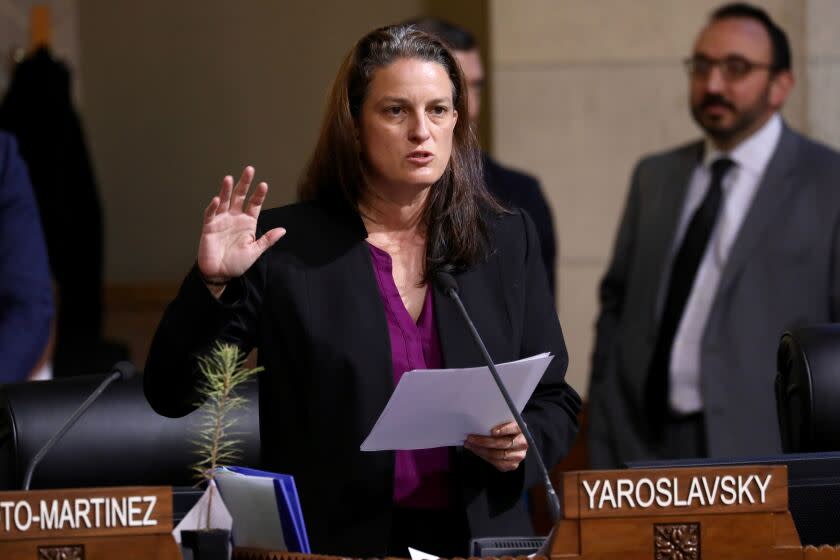 LOS ANGELES CA MAY 16, 2023 -The Los Angeles City Councilwoman Katy Yaroslavsky speaks to the city council prior to a vote on whether to reconsider a land use designation for the Bulgari Hotel project -- a development proposal in Benedict Canyon that has opposition from residents on May 16, 20223. (Jay L. Clendenin / Los Angeles Times)