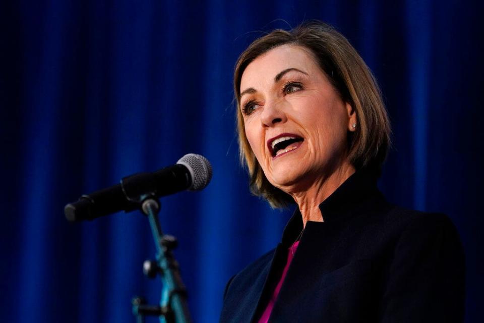 Iowa Gov. Kim Reynolds speaks during a rally in Des Moines on March 9, 2022. Lawyers for Iowa's largest abortion provider argued in court documents Sept. 13 that there is no precedent or legal support for a judge to reverse a 2019 decision that found a law prohibiting abortions at around six weeks of pregnancy violated the state constitution.