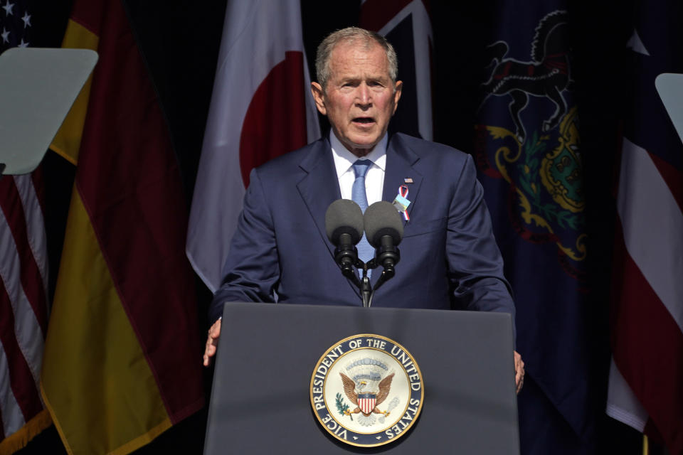 FILE - Former President George W. Bush speaks at the Flight 93 National Memorial in Shanksville, Pa., Saturday, Sept. 11, 2021, on the 20th anniversary of the Sept. 11, 2001 attacks. On Friday, Jan. 26, 2024, The Associated Press reported on stories circulating online incorrectly claiming a photo shows Bush meeting with Osama Bin Laden. (AP Photo/Gene J. Puskar, File)