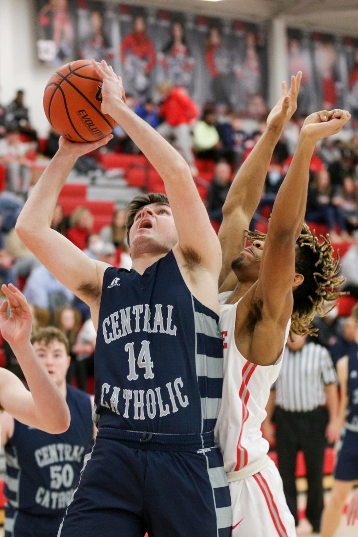 Central Catholic's Billy Owens (14) goes up for a shot against West Lafayette's Michael Lynch (3) during the fourth quarter of an IHSAA boys basketball game, Friday, Feb. 11, 2022 in West Lafayette.