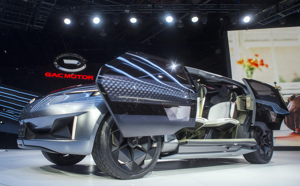 The GAC Entranze concept electric vehicle is unveiled at the North American International Auto Show, Monday, Jan. 14, 2019, in Detroit, Mich. (AP Photo/Tony Ding)