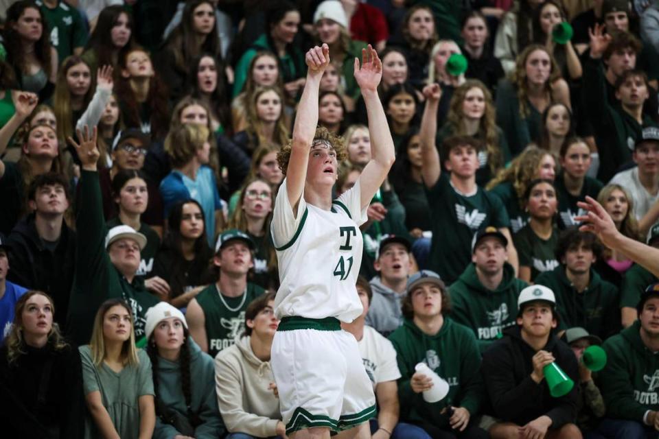 Ryan McNamee takes a shot as a packed gym watches. Templeton High School pulled away in the final minutes, beating Atascadero in a boys basketball game on Feb. 6, 2024. David Middlecamp/dmiddlecamp@thetribunenews.com