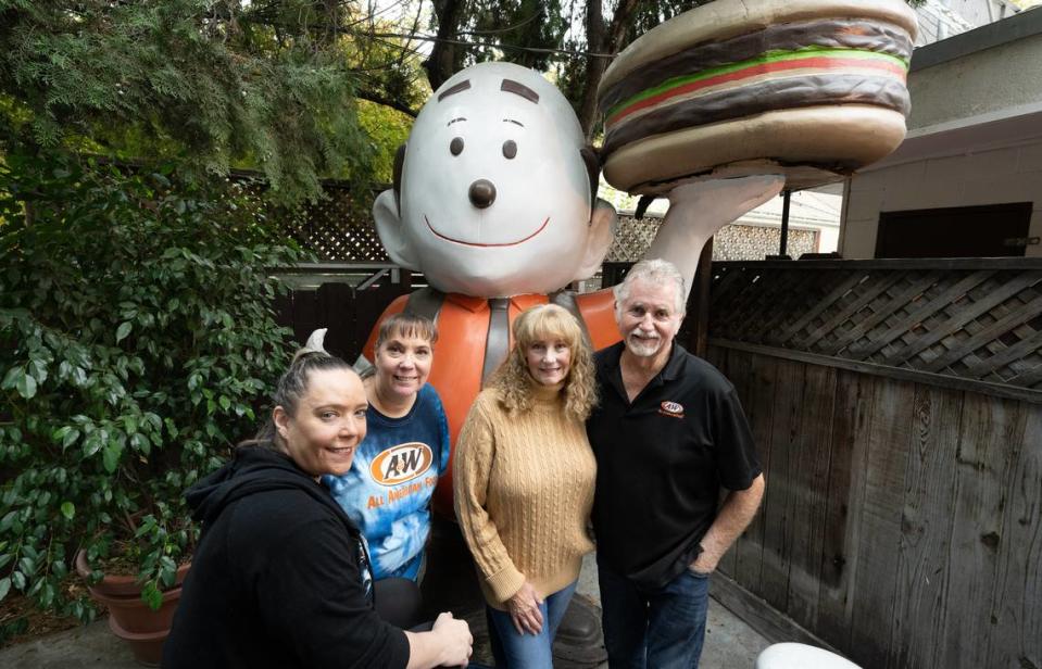 Owner Johnny Matthews, wife Tammy, and his general manager, Jennifer Rushman, second left, assistant general manager Julie Hale, left, at A&W restaurant in Modesto, Calif., Friday Nov. 17, 2023.