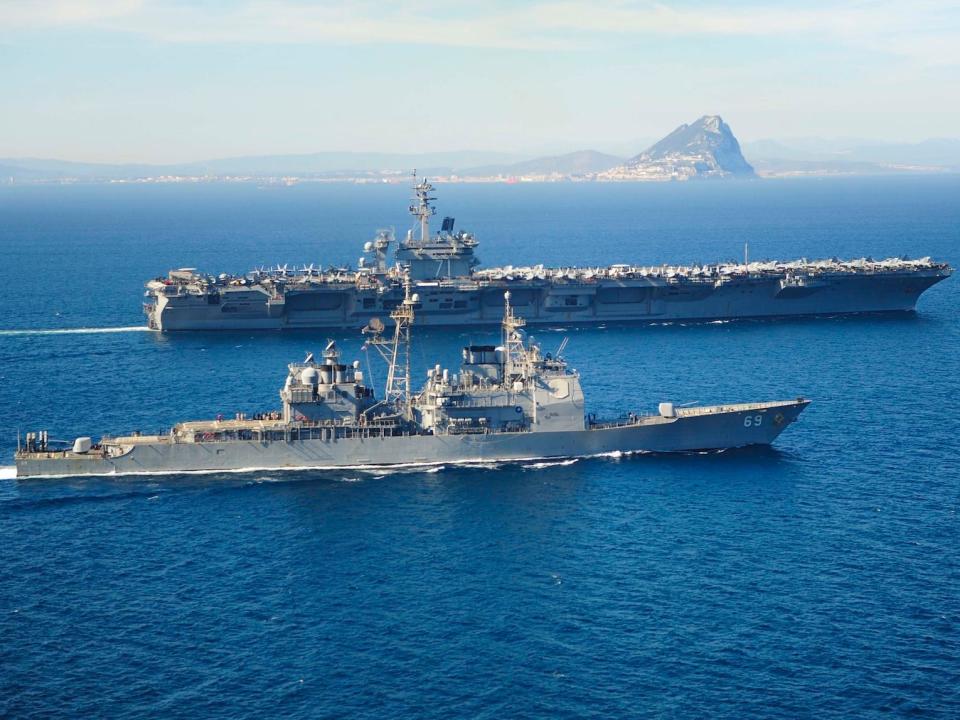 Navy cruiser Vicksburg aircraft carrier Theodore Roosevelt Strait of Gibraltar