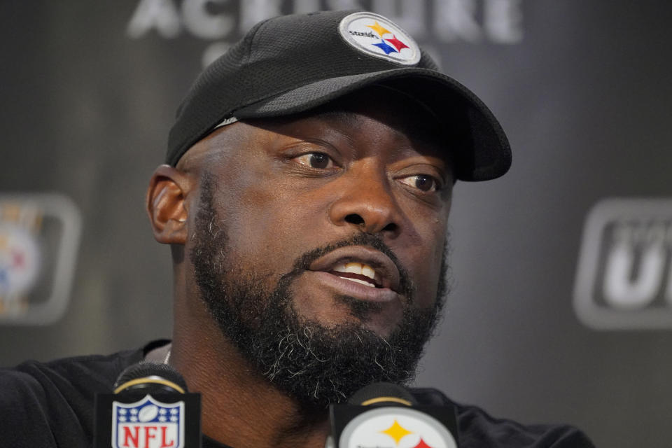 CORRECTS BYLINE TO GENE J. PUSKAR NOT MATT FREED - Pittsburgh Steelers head coach Mike Tomlin speaks to reporters after an NFL football game against the San Francisco 49ers, Sunday, Sept. 10, 2023, in Pittsburgh. (AP Photo/Gene J. Puskar)